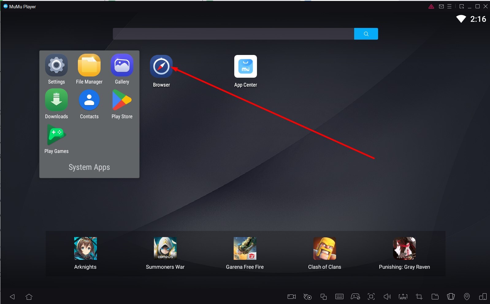 Anh em chọn mục Browser để tiếp tục quá trình cài app 11bet trên Laptop / Máy tính / PC bằng Mumu Player giả lập Android